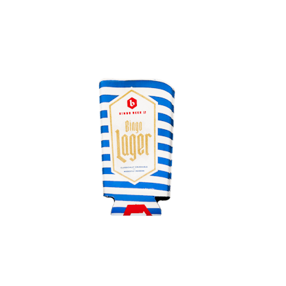 a blue and white striped beer koozie
