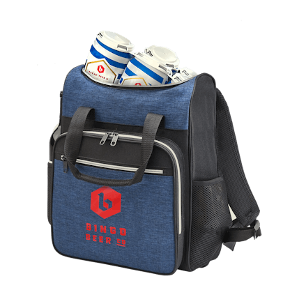 navy cooler backpack with bingo lagers inside