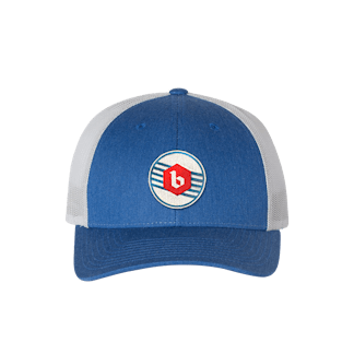 Royal Blue trucker hat with white mesh panel in back and Bingo Brewing logo embroidered in red and white on the front