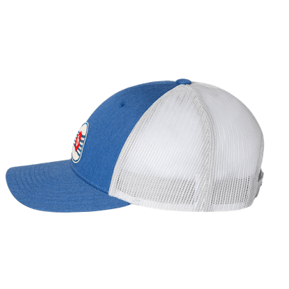 Royal Blue trucker hat with white mesh panel in back and Bingo Brewing logo embroidered in red and white on the front