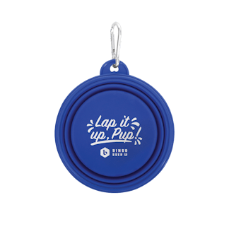 blue collapsable dog bowl with carabiner, "Lap it up, pup" in white lettering on the bottom of the bowl