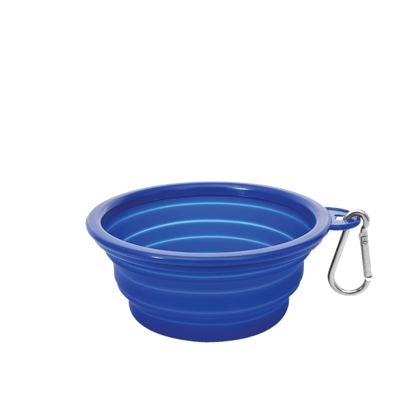 blue collapsable dog bowl with carabiner 