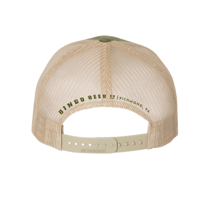 Green trucker hat with tan mesh panel in back and Bingo Brewing logo embroidered on the front