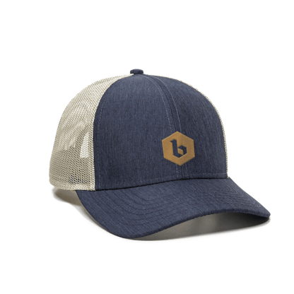 Navy trucker hat with tan mesh panel in back and leather Bingo Brewing logo patch