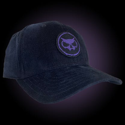 black cord hat with purple fanghead logo on round patch