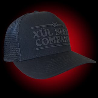 black cotton/twill trucker hat with black block logo mesh snap back