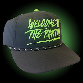 Black unstructured 5-panel hat. Green Welcome to the Party on front.