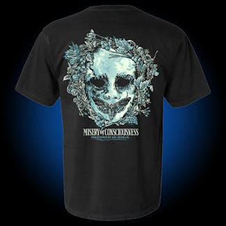black comfort colors tee with ice blue face on back surrounded by wreath of leaves and moth on mouth