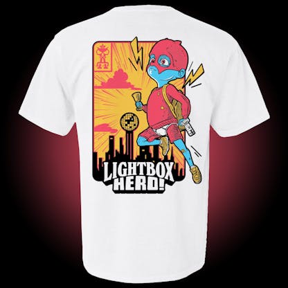 white tee with back design showing blue with red costume flying over knoxville skyline