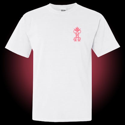 white tee with pink Abridged Beer and Xul Logos on left breast