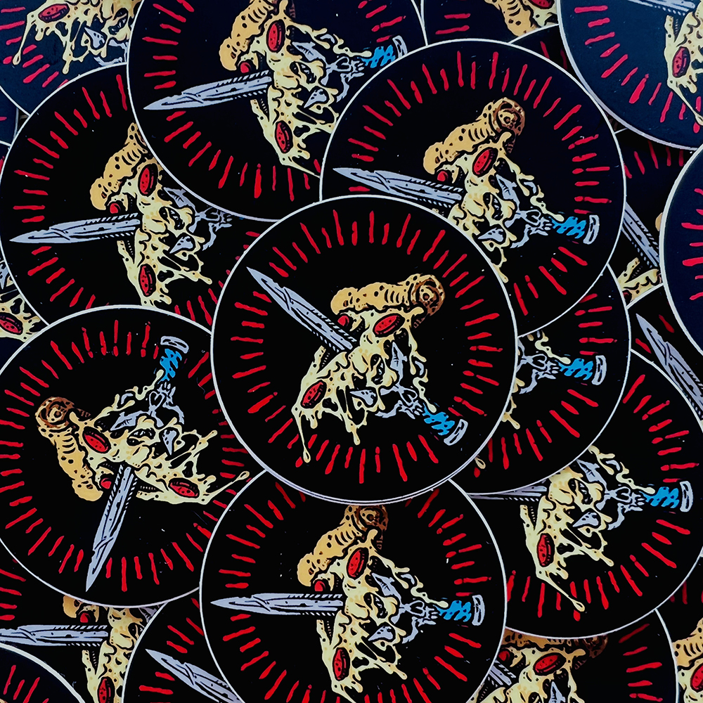 black round sticker with dagger through pizza slice