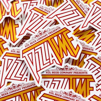 white and yellow pizza time logo sticker with red letters outlined