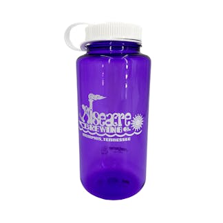 a plastic purple Nalgene water bottle with a white cap and a specialty Wiseacre logo that looks like a river boat