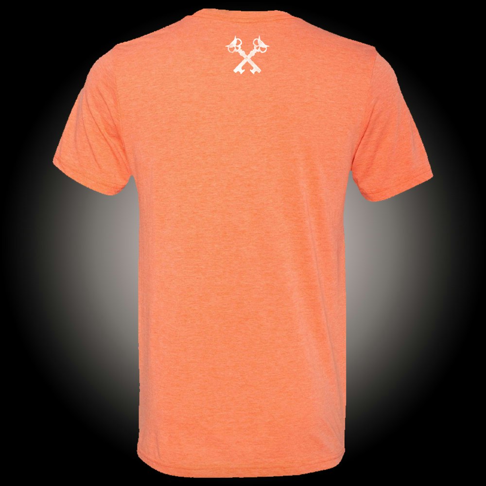 heather orange tri-blend tee with Xul cross-key logo in white at neck.
