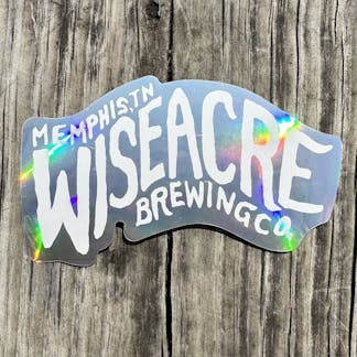 Holographic Shiny Sticker that with hand lettering that says "Memphis TN WISEACRE BREWING CO"