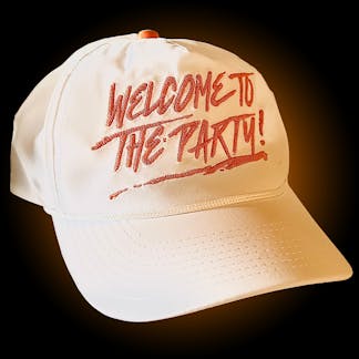 White unstructured nylon 5-panel Welcome to the Party in orange hat with a slight curved visor & adjustable snap back