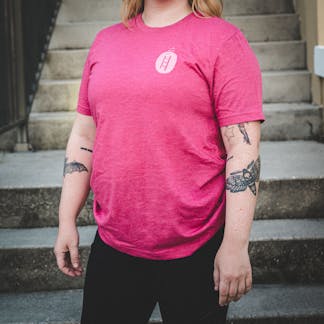 Wavy Unisex Raspberry Corporate Ladder Shirt with wavy word mark on back and circle ladder logo on front.