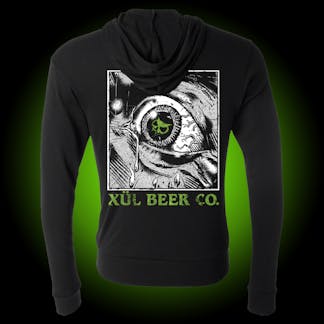 Black heather, lightweight, full zip hoodie with white "eye of madness" design on back with green Xul fanghead logo in the center.