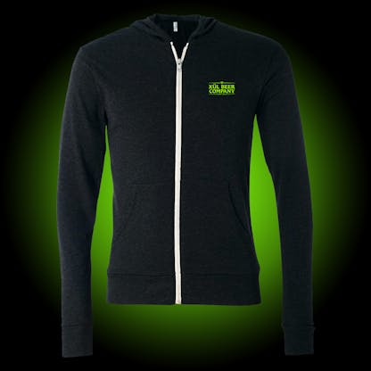black heather full zip lightweight hoodie with green Xul logo on front left chest.