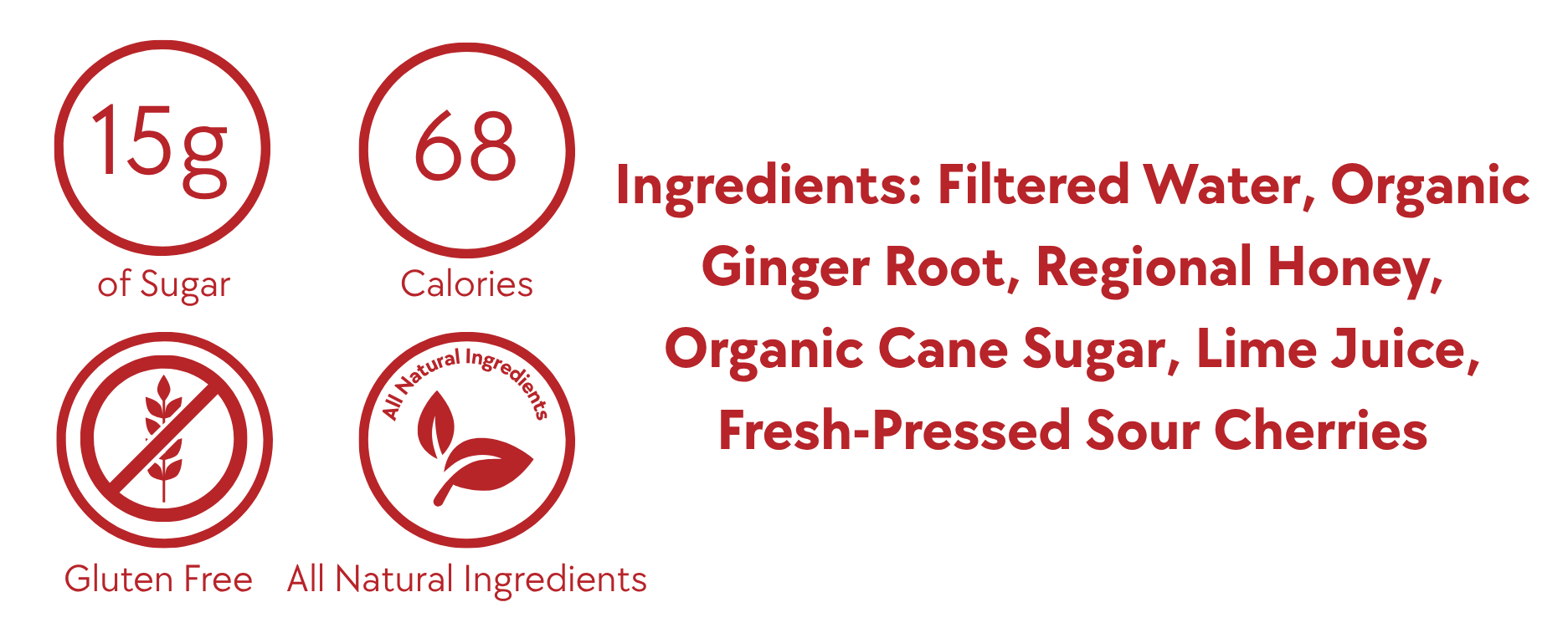 Devil’s Foot Don't Call Me Shirley, Cherry Ginger Beer label showing 68 calories, 15g sugar, gluten-free and all-natural ingredients: filtered water, Organic Ginger Root, Regional Honey, Organic Cane Sugar, Lime Juice, Fresh-Pressed Sour Cherries