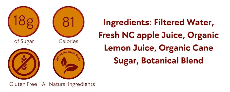 Devil’s Foot Apple Spritz label showing 81 calories, 18g sugar, gluten-free and all-natural ingredients: filtered water, Fresh NC Apple juice, organic lemon juice, organic cane sugar, botanical blend