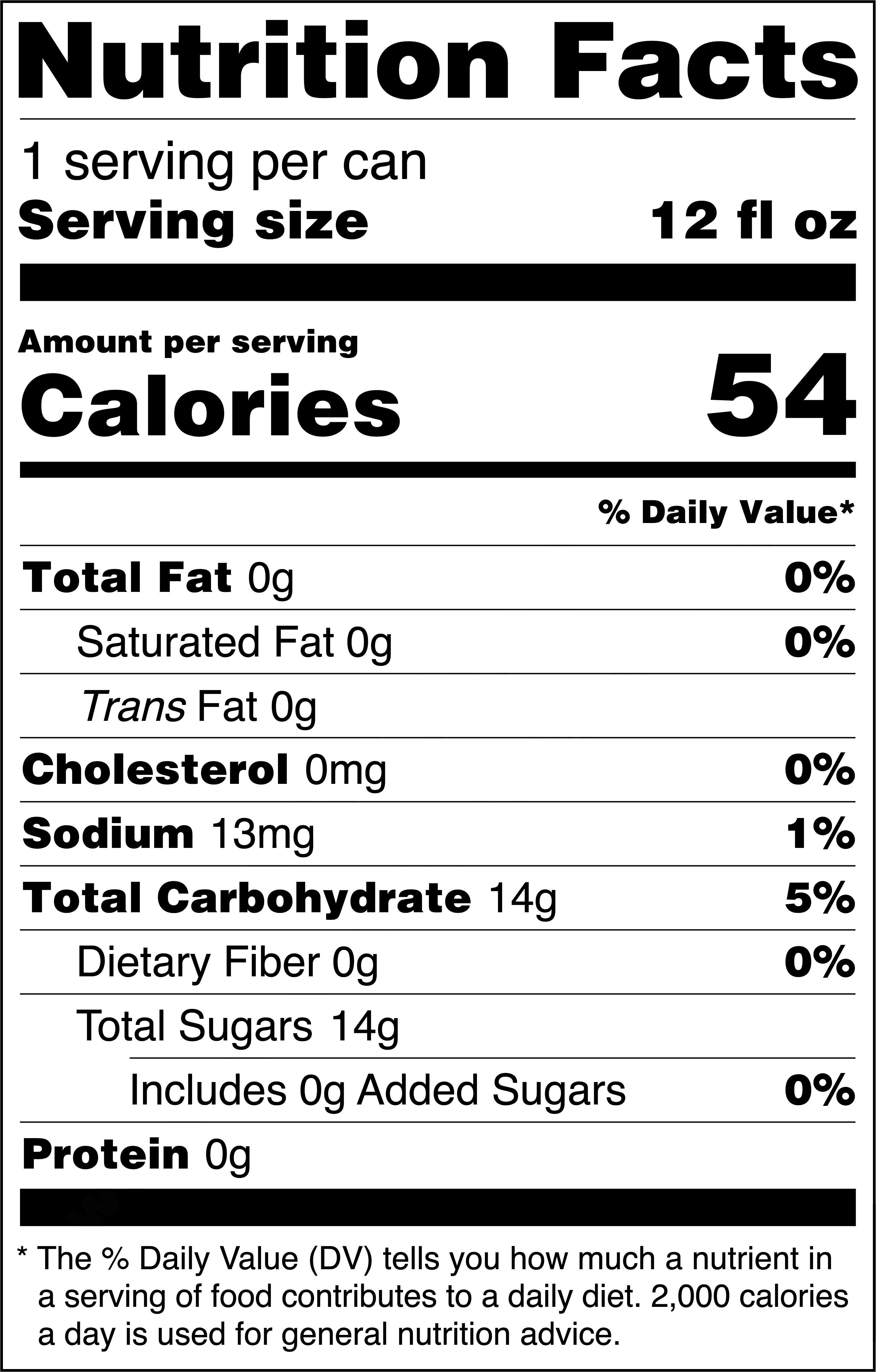 Black Tea Lemonade can label showing Nutrition Facts: 1 serving per can, serving size 12 fl oz. Amount per serving: 54 calories. Total Fat 0g (0% DV), Saturated Fat 0g (0% DV), Trans Fat 0g, Cholesterol 0mg, Sodium 13mg (1% DV), Total Carbohydrate 14g (5% DV), Dietary Fiber 0g (0% DV), Total Sugars 14g (includes 0g added sugars), Protein 0g. Nutrition disclaimer: Percent Daily Values are based on a 2,000-calorie diet.