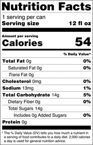 Sparkling Chai Tea and Lemon can label showing Nutrition Facts: 1 serving per can, serving size 12 fl oz. Amount per serving: 54 calories. Total Fat 0g (0% DV), Saturated Fat 0g (0% DV), Trans Fat 0g, Cholesterol 0mg, Sodium 13mg (1% DV), Total Carbohydrate 14g (5% DV), Dietary Fiber 0g (0% DV), Total Sugars 14g (includes 0g added sugars), Protein 0g. Nutrition disclaimer: Percent Daily Values are based on a 2,000-calorie diet.