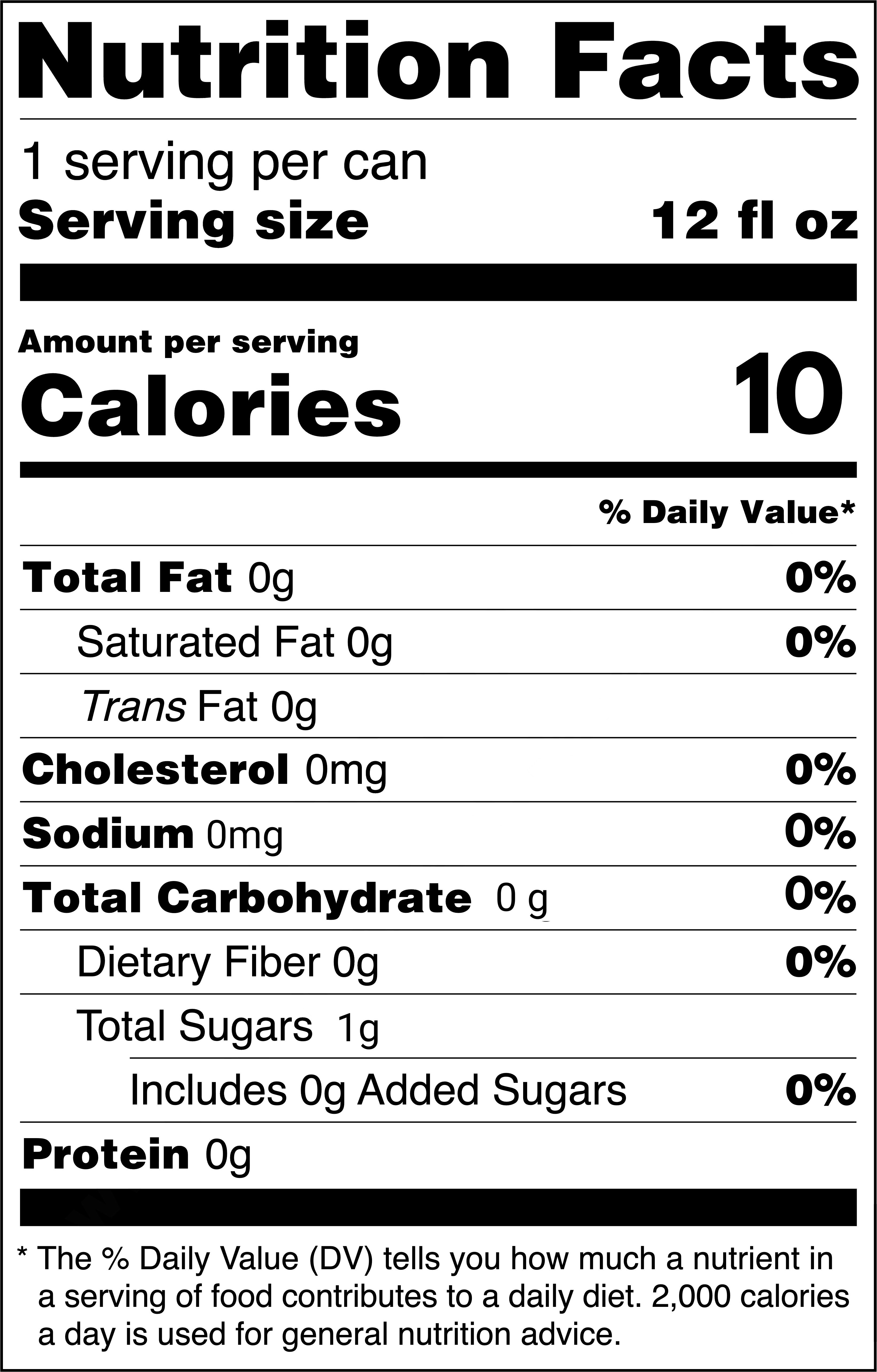 Blackberry Sparkling Water can label showing Nutrition Facts: 1 serving per can, serving size 12 fl oz. Amount per serving: 10 calories. Total Fat 0g (0% DV), Saturated Fat 0g (0% DV), Trans Fat 0g, Cholesterol 0mg (0% DV), Sodium 0mg (0% DV), Total Carbohydrate 0g (0% DV), Dietary Fiber 0g (0% DV), Total Sugars 1g (includes 0g added sugars), Protein 0g. Nutrition disclaimer: Percent Daily Values are based on a 2,000-calorie diet.