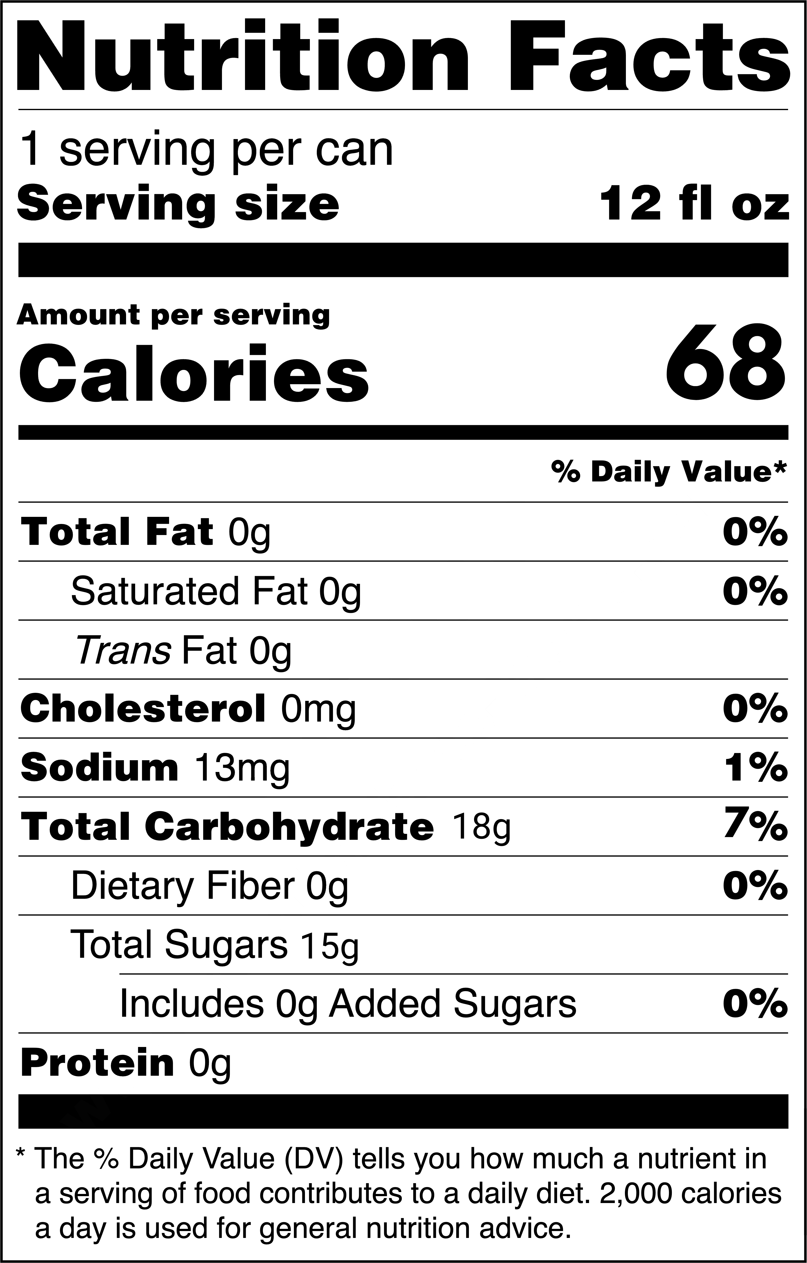 Sparkling Blackberry Blueberry Lemonade can label showing Nutrition Facts: 1 serving per can, serving size 12 fl oz. Amount per serving: 68 calories. Total Fat 0g (0% DV), Saturated Fat 0g (0% DV), Trans Fat 0g, Cholesterol 0mg (0% DV), Sodium 13mg (1% DV), Total Carbohydrate 18g (7% DV), Dietary Fiber 0g (0% DV), Total Sugars 15g (includes 0g added sugars), Protein 0g. Nutrition disclaimer: Percent Daily Values are based on a 2,000-calorie diet.