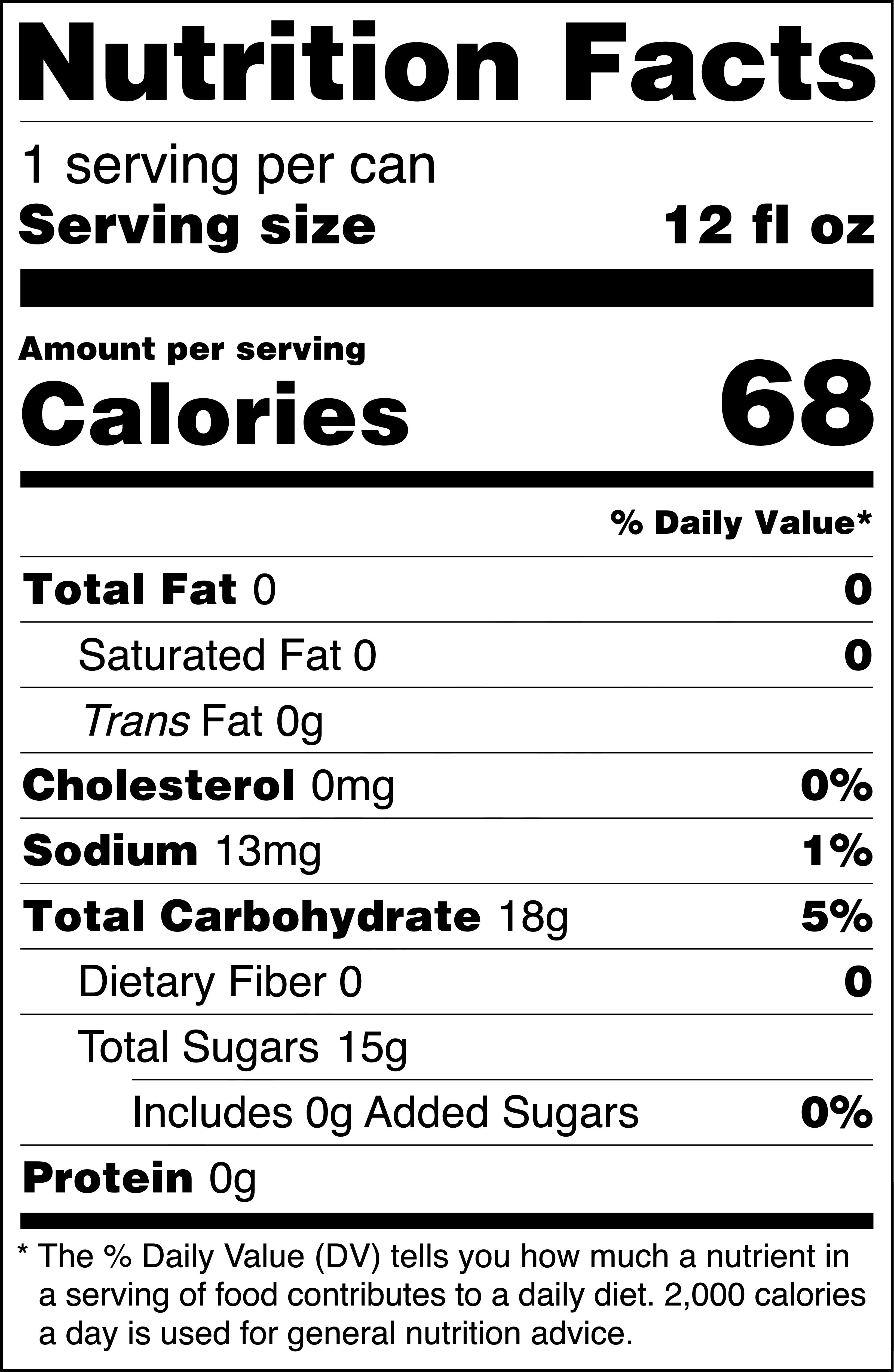 Cherry Ginger Beer can label showing Nutrition Facts: 1 serving per can, serving size 12 fl oz. Amount per serving: 68 calories. Total Fat 0g (0% DV), Saturated Fat 0g (0% DV), Trans Fat 0g, Cholesterol 0mg, Sodium 13mg (1% DV), Total Carbohydrate 18g (7% DV), Dietary Fiber 0g (0% DV), Total Sugars 15g (includes 0g added sugars), Protein 0g. Nutrition disclaimer: Percent Daily Values are based on a 2,000-calorie diet.