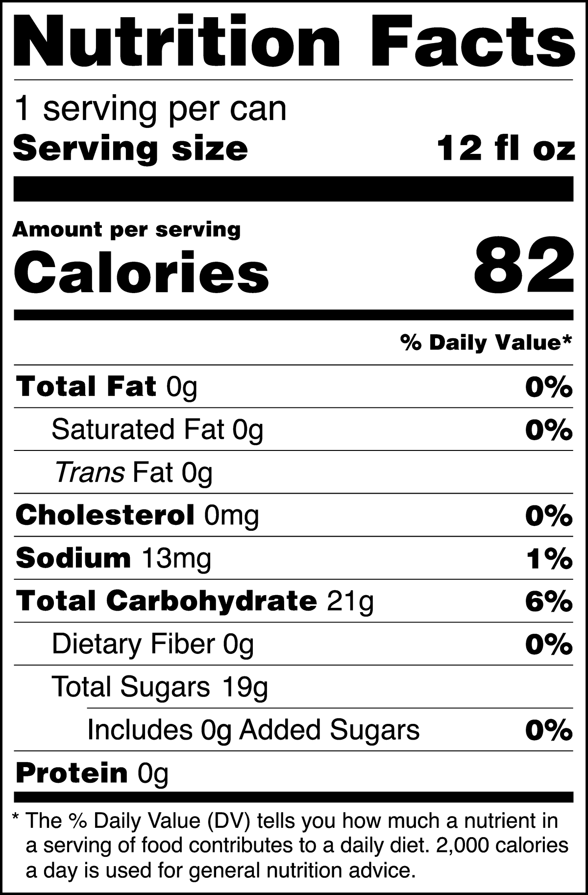 Ghost Ginger Beer can label showing Nutrition Facts: 1 serving per can, serving size 12 fl oz. Amount per serving: 82 calories. Total Fat 0g (0% DV), Saturated Fat 0g (0% DV), Trans Fat 0g, Cholesterol 0mg (0% DV), Sodium 13mg (1% DV), Total Carbohydrate 21g (6% DV), Dietary Fiber 0g (0% DV), Total Sugars 19g (includes 0g added sugars), Protein 0g. Nutrition disclaimer: Percent Daily Values are based on a 2,000-calorie diet.