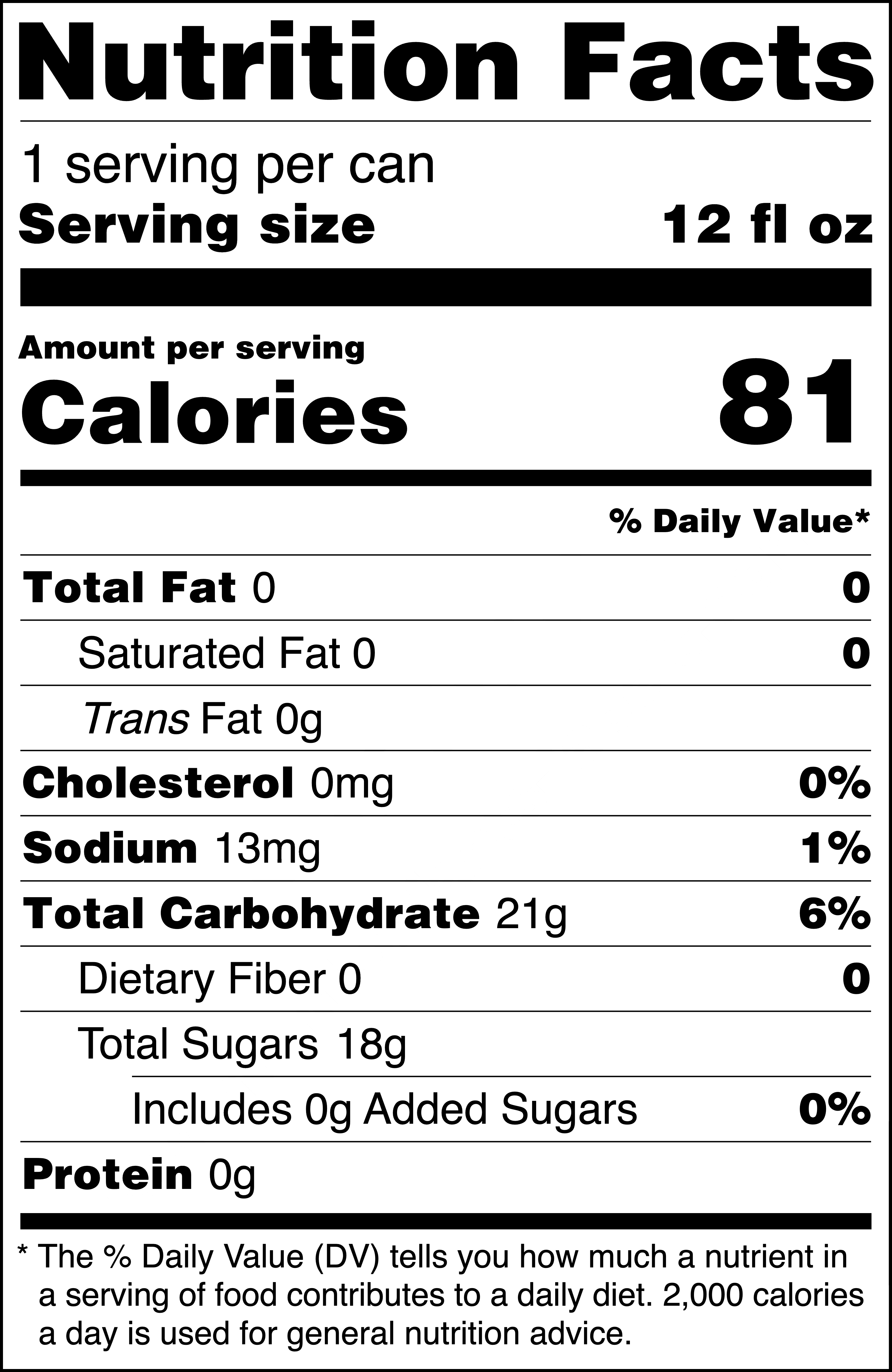 Sparkling Limeade can label showing Nutrition Facts: 1 serving per can, serving size 12 fl oz. Amount per serving: 81 calories. Total Fat 0g (0% DV), Saturated Fat 0g (0% DV), Trans Fat 0g, Cholesterol 0mg (0% DV), Sodium 13mg (1% DV), Total Carbohydrate 21g (7% DV), Dietary Fiber 0g (0% DV), Total Sugars 18g (includes 0g added sugars), Protein 0g. Nutrition disclaimer: Percent Daily Values are based on a 2,000-calorie diet.