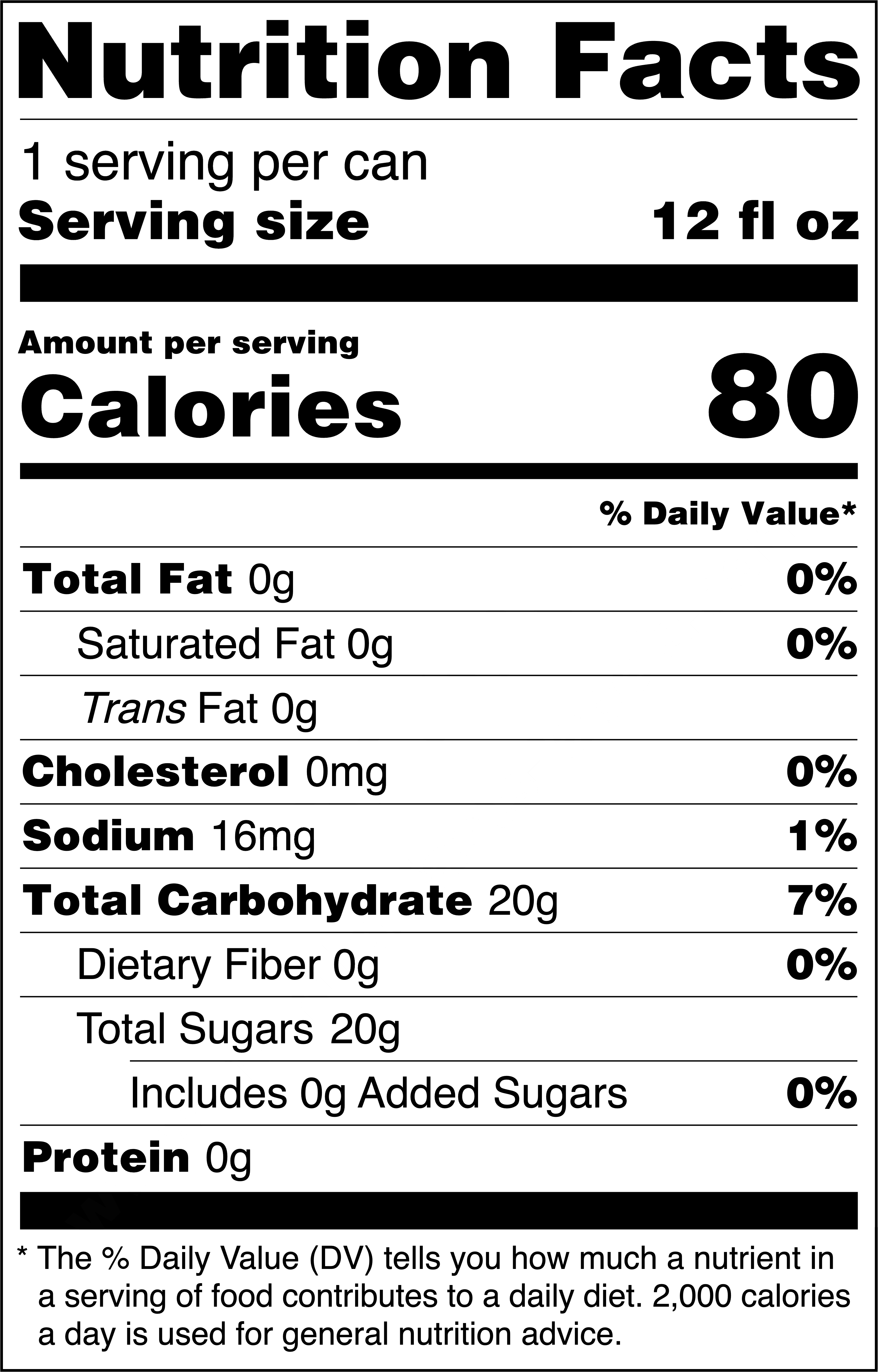 Root Beer can label showing Nutrition Facts: 1 serving per can, serving size 12 fl oz. Amount per serving: 80 calories. Total Fat 0g (0% DV), Saturated Fat 0g (0% DV), Trans Fat 0g, Cholesterol 0mg (0% DV), Sodium 16mg (1% DV), Total Carbohydrate 20g (7% DV), Dietary Fiber 0g (0% DV), Total Sugars 20g (includes 0g added sugars), Protein 0g. Nutrition disclaimer: Percent Daily Values are based on a 2,000-calorie diet.