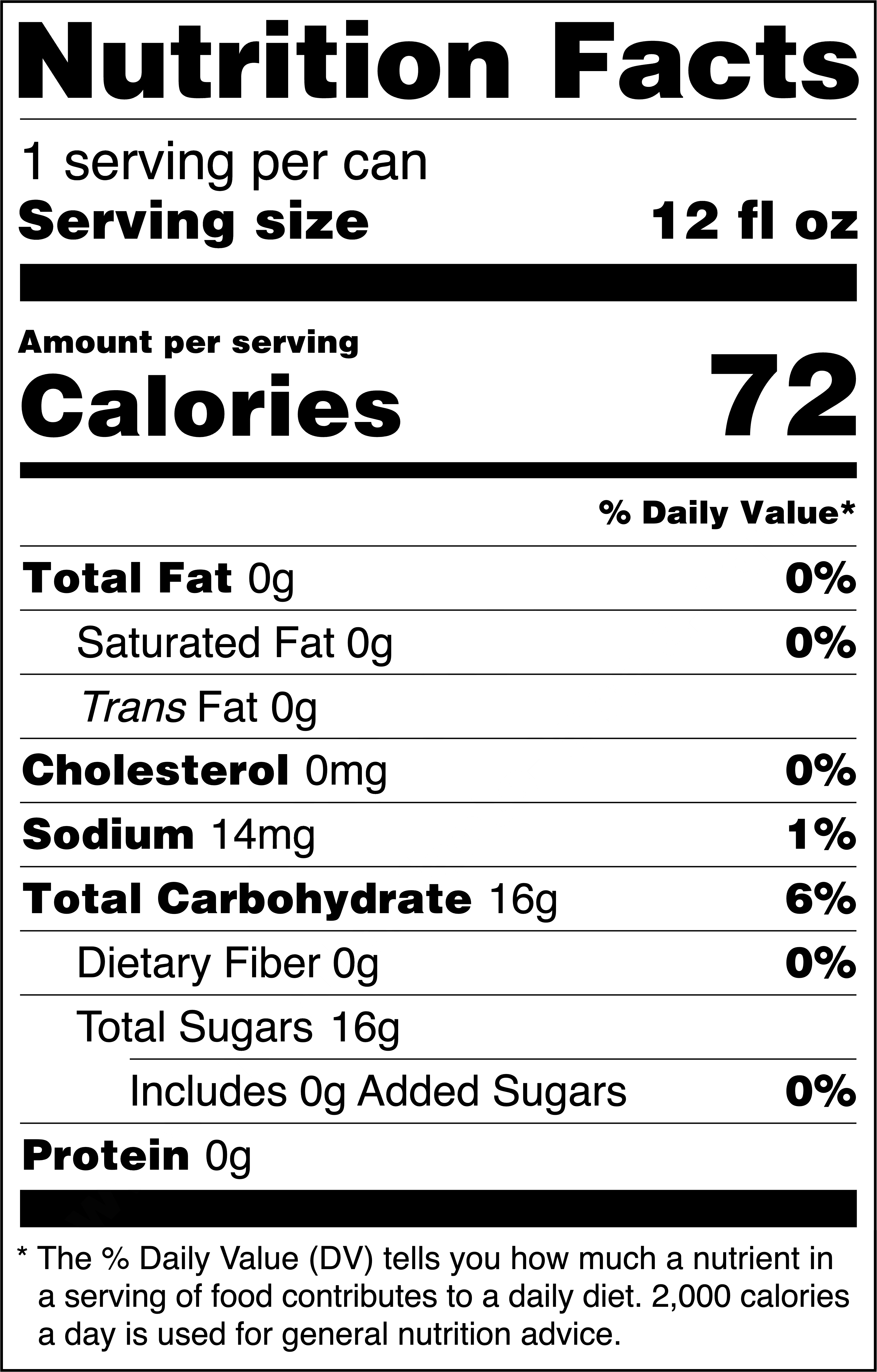 Sparkling Orange can label showing Nutrition Facts: 1 serving per can, serving size 12 fl oz. Amount per serving: 112 calories. Total Fat 0g (0% DV), Saturated Fat 0g (0% DV), Trans Fat 0g, Cholesterol 0mg (0% DV), Sodium 14mg (1% DV), Total Carbohydrate 16g (6% DV), Dietary Fiber 0g (0% DV), Total Sugars 16g (includes 0g added sugars), Protein 0g. Nutrition disclaimer: Percent Daily Values are based on a 2,000-calorie diet.