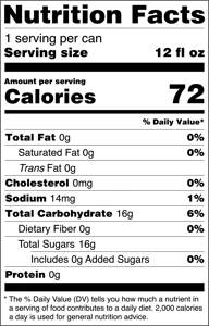 Sparkling Orange can label showing Nutrition Facts: 1 serving per can, serving size 12 fl oz. Amount per serving: 112 calories. Total Fat 0g (0% DV), Saturated Fat 0g (0% DV), Trans Fat 0g, Cholesterol 0mg (0% DV), Sodium 14mg (1% DV), Total Carbohydrate 16g (6% DV), Dietary Fiber 0g (0% DV), Total Sugars 16g (includes 0g added sugars), Protein 0g. Nutrition disclaimer: Percent Daily Values are based on a 2,000-calorie diet.