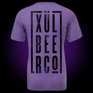Xul Beeo Co block logo on back of purple tee