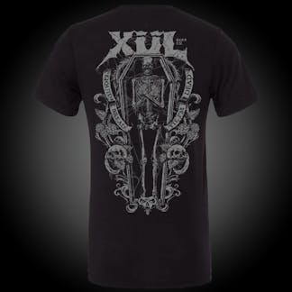 black tee with skeleton in coffin holding beer cans with coffin surrounded by barley and hops