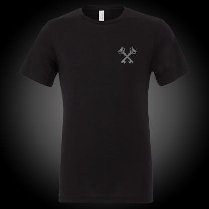 front of black tee with crosskey logo on front chest