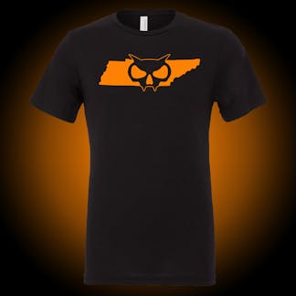 Black tee with fanghead logo over state of tennessee