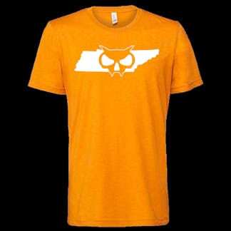 orange tee with fanghead logo over tennessee emblem on chest