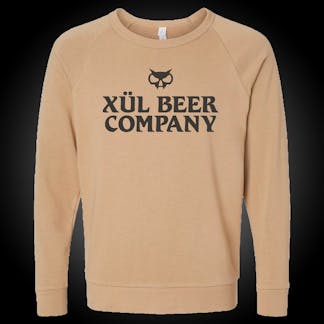 tan crew sweatshirt with black Xul Beer Company logo across chest