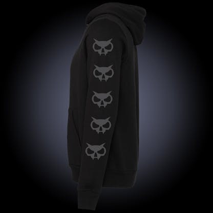 black hoodie with fanghead logo on left sleeve