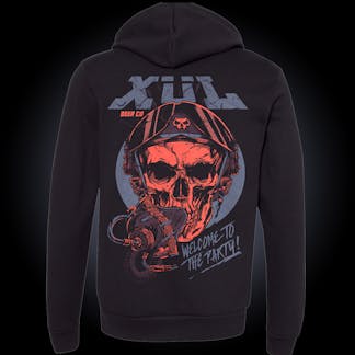black hoodie with neon pink wingman skull head with purple xul logo at the top and welcome to the party at the bottom