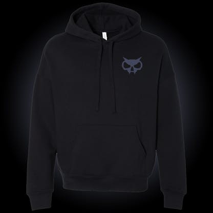 black hoodie with purple fanghead on the left chest