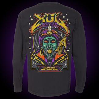 black comfort colors long sleeve tee with Xul-tar fortune teller on the back