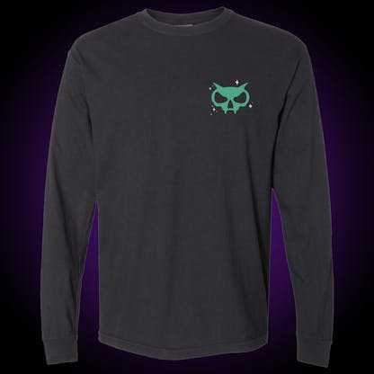black long sleeve comfort colors tee with teal fanghead logo on left chest