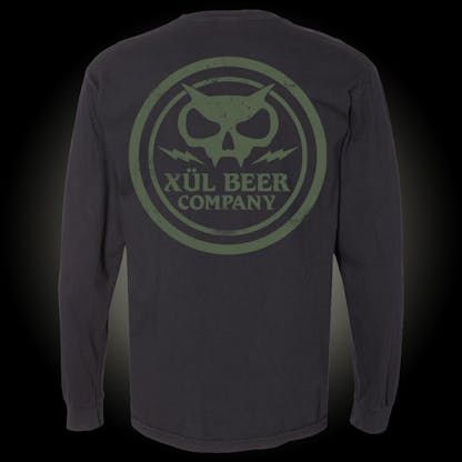 black comfort colors long sleeve tee with Xul Fanghead emblem on the back.