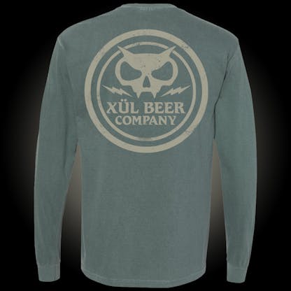 blue spruce comfort colors long sleeve tee with Xul Fanghead emblem on the back.
