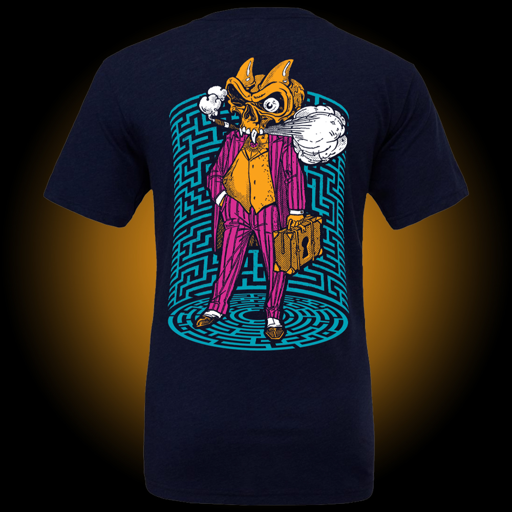 Navy tee with Xul suited character carrying a suitcase and smoking a cigar