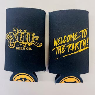 Black koozie with golden Xul log on one side and "Welcome to the Party!" on the other.